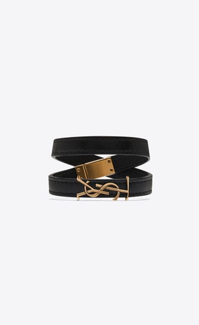 SAINT LAURENT Bracelets Cuir Femme Bracelet double tour YSL en cuir noir et métal bronze clair a_V4